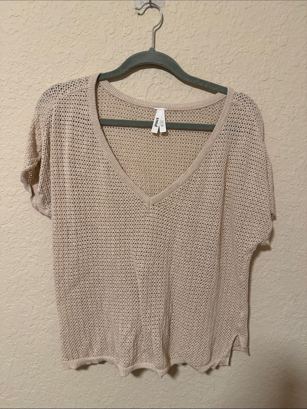 Pact Beige Open-Knit V-Neck Short-Sleeve Sweater